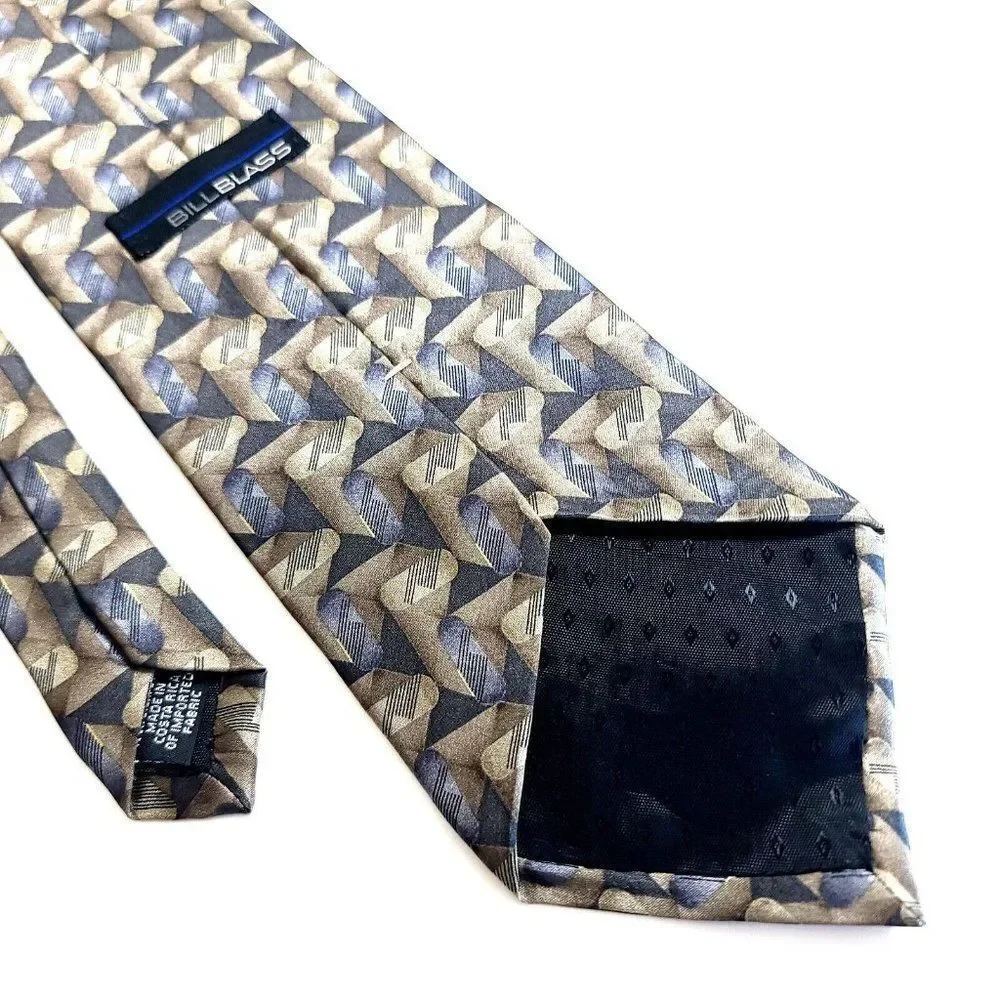 Bill Blass Tan Blue Beige Geometric Abstract Print Short Wide Silk Tie‎